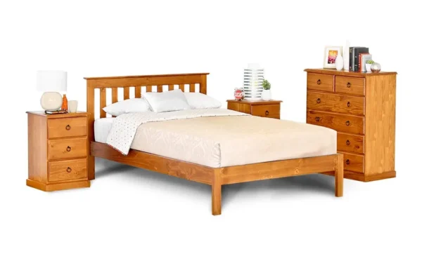 Classic Honey Bed Suite – $45/Week Classic Honey Bed Suite with honey-coloured bed frame and matching bedroom furniture