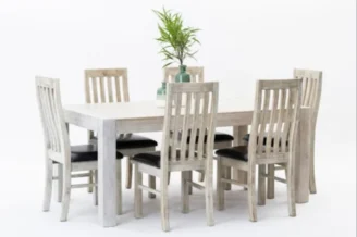 Rent to own 7 piece dining suite NZ – Jake wooden dining table with six cushioned chairs
